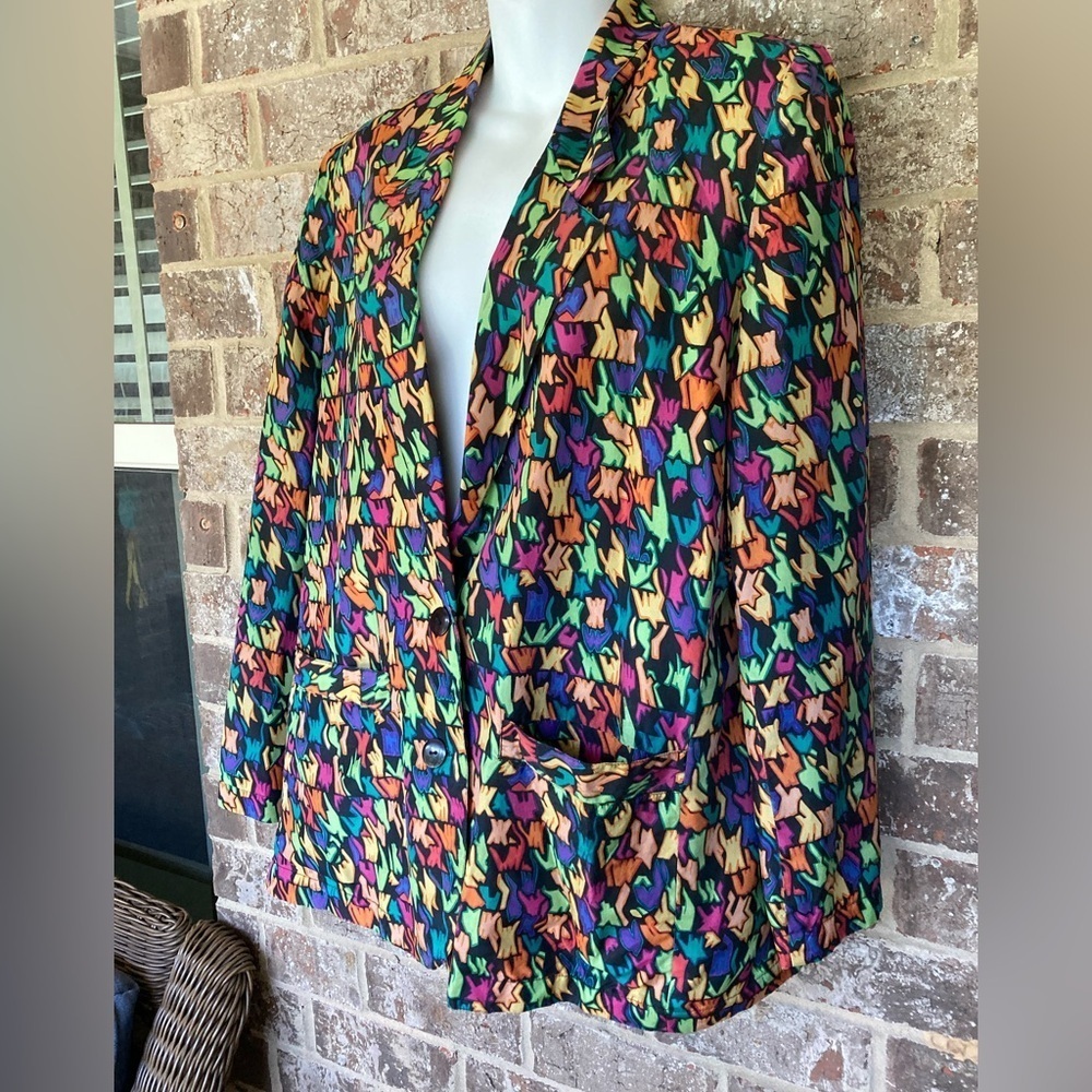 Vintage Geometric Design Silk Jacket Size Small Button Closure Colorful - Picture 3 of 9